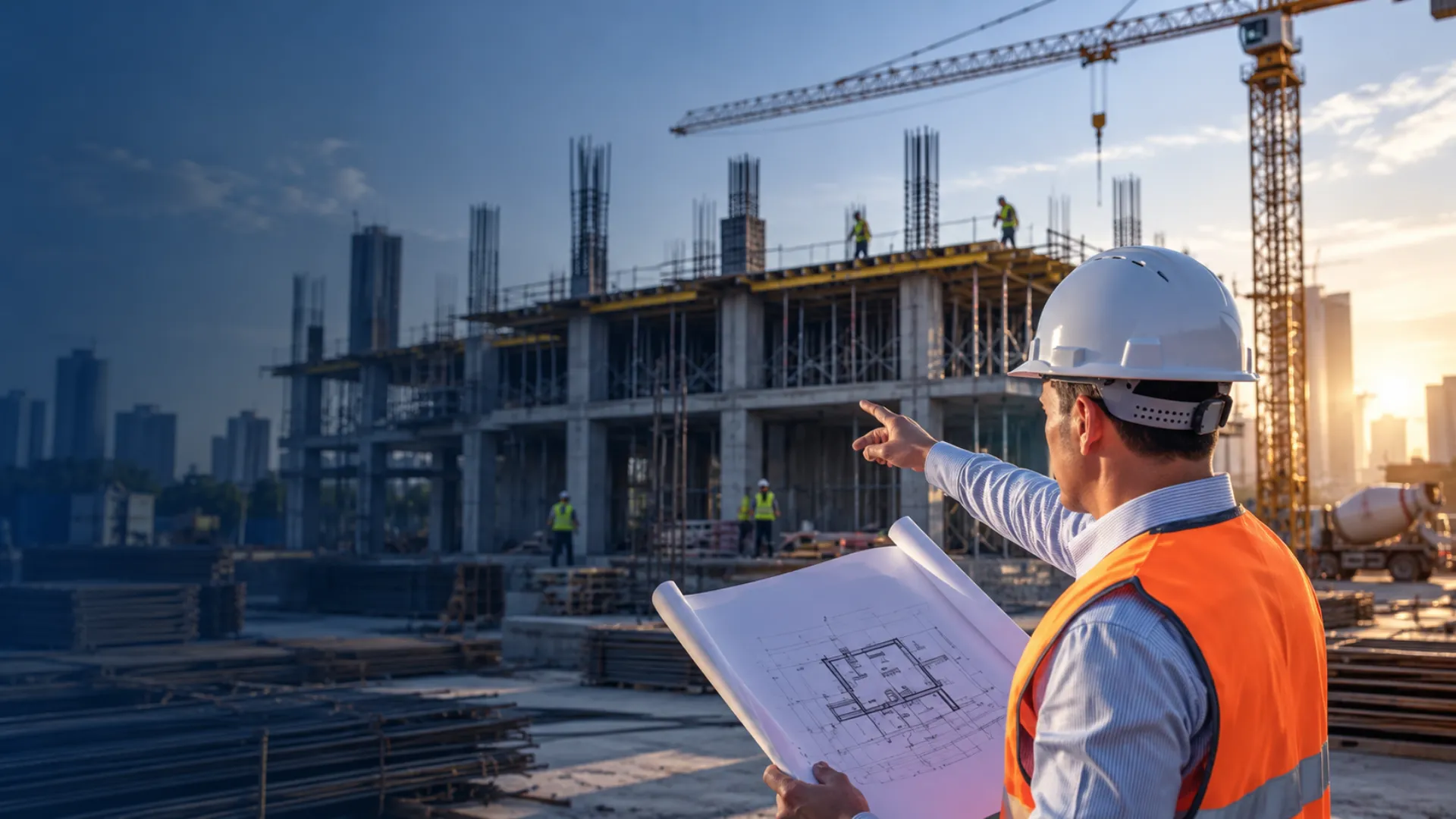 Modern commercial construction project under a clear sky in Tamil Nadu, India