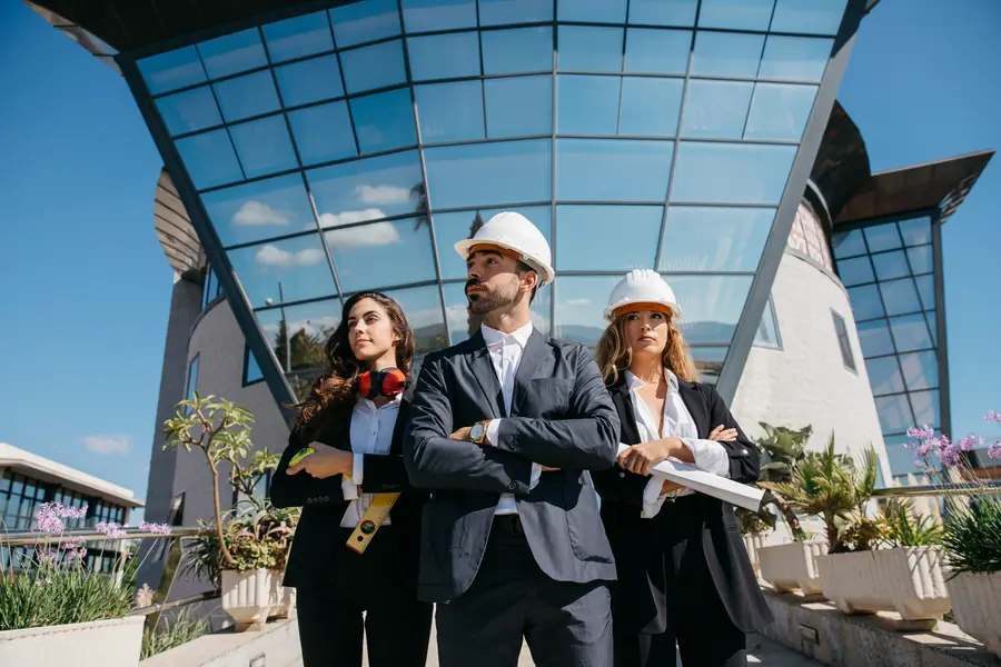 Structural engineers reviewing architectural plans at a construction site